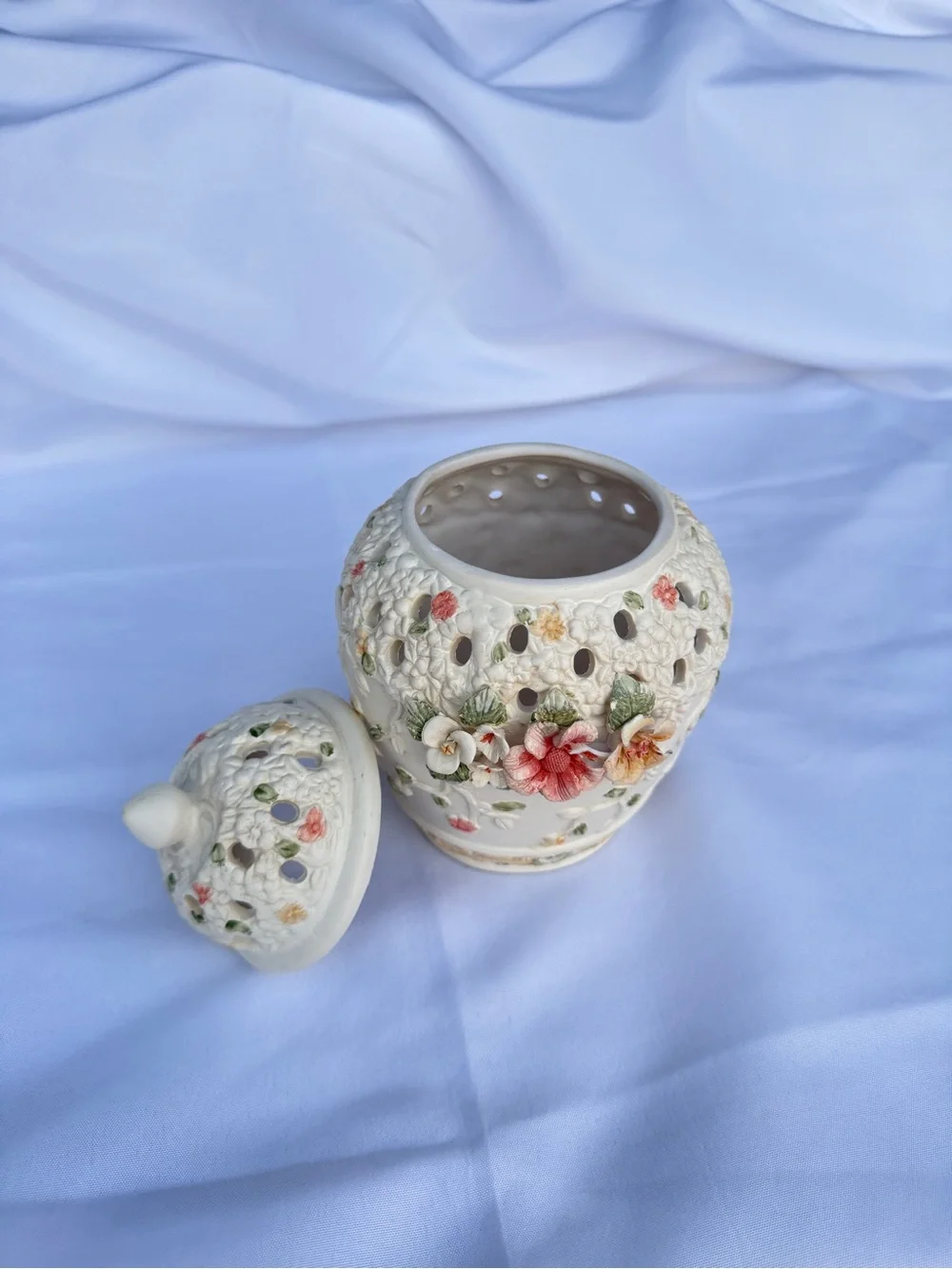 Floral Pierced Ceramic Ginger Jar with Lid | Vintage-Inspired Cottagecore Decor